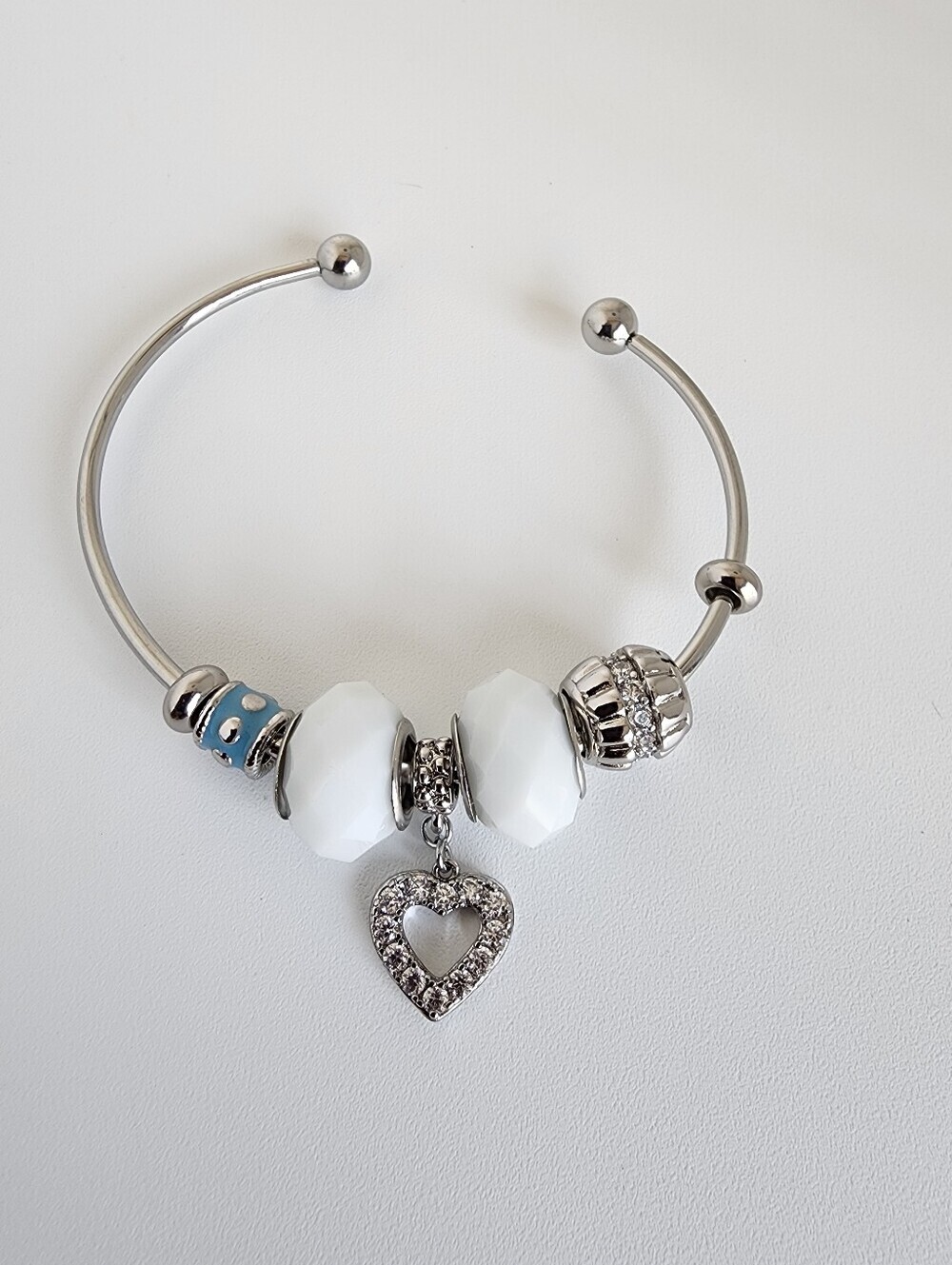 Silver Tone Charm Bangle Bracelet Removable Charms Heart Dangle White Beads